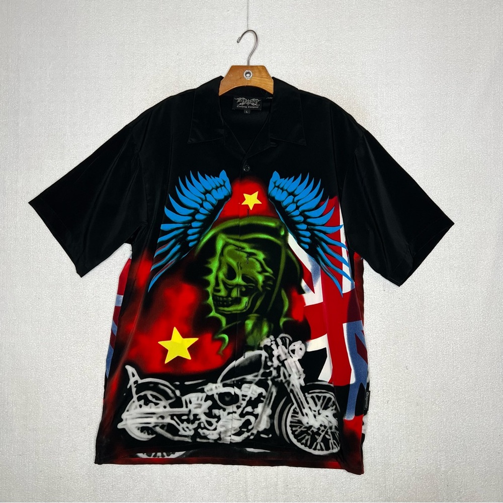 Dragonfly Haunted Skull Motorcycle Button Up Mens Shirt Size L